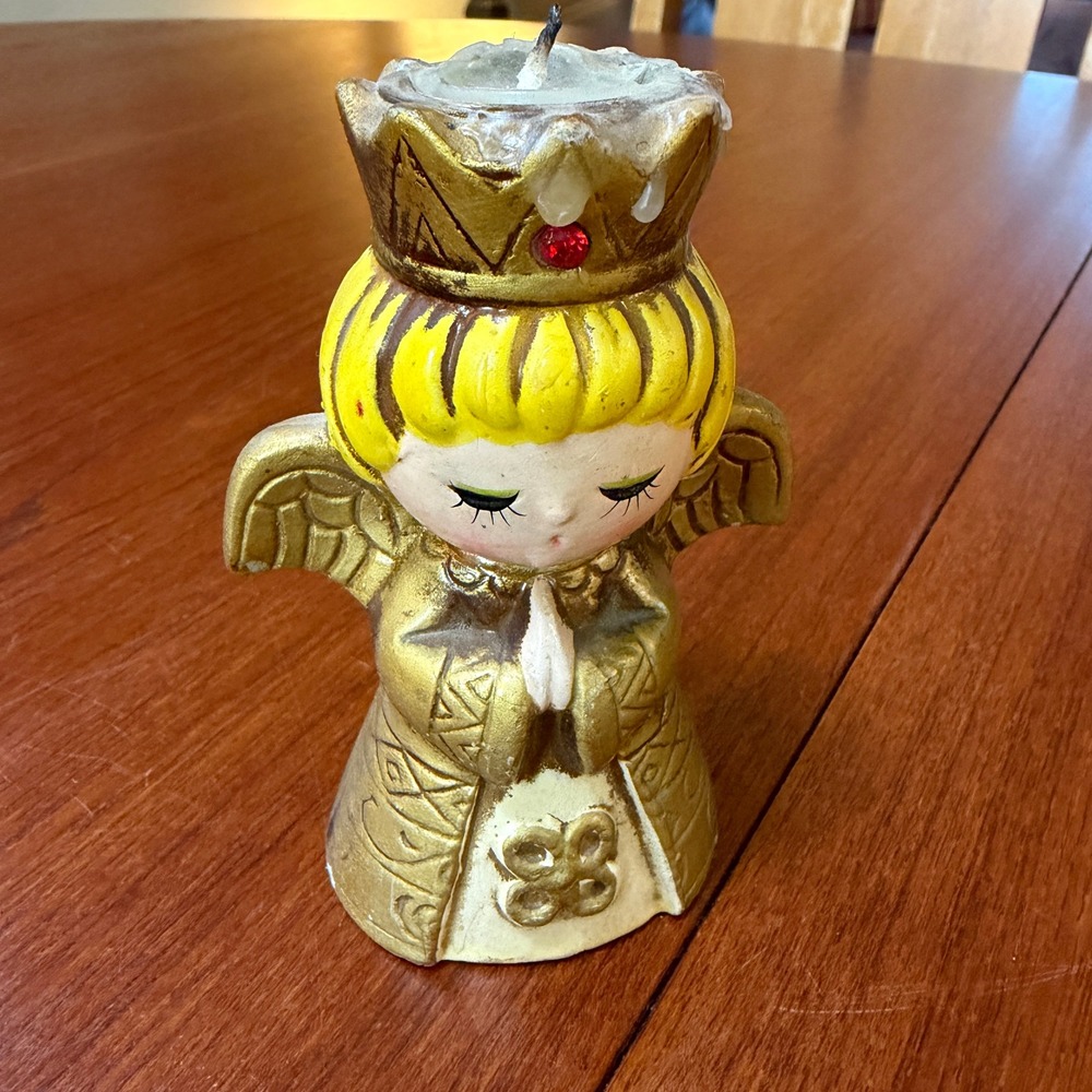 Vintage Gold Praying Angel Candle Holder Crowned Cherub Christmas Mid-Century